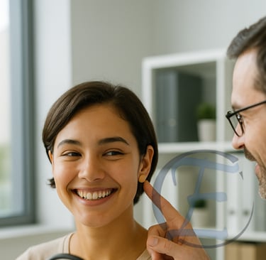 Paciente sorrindo, curativo no lóbulo; médico aponta espelho em consultório claro.