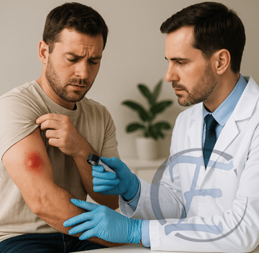 Paciente com abscesso cutâneo inflamado sendo avaliado em consultório médico.