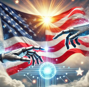 two robot hands mimicking the creation image with an american flag behind them