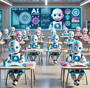 Baby AI robots learning in a futuristic classroom