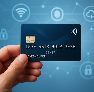 Uma mão segurando um cartão de crédito futurista com design elegante, rodeado por ícones digitais co