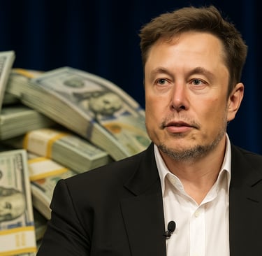 Elon Musk em destaque com expressão séria, ao lado de pilhas de notas de cem dólares, representando 