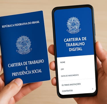 Pessoa segurando a Carteira de Trabalho e Previdência Social física ao lado da versão digital exibid