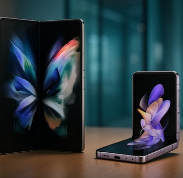 Imagem realista dos smartphones Samsung Galaxy Z Fold7 e Z Flip7 exibidos sobre uma mesa de madeira,