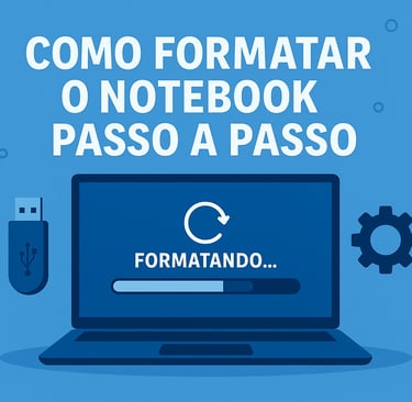 Ilustração mostrando notebook sendo formatado com barra de progresso, pendrive e engrenagem ao lado,