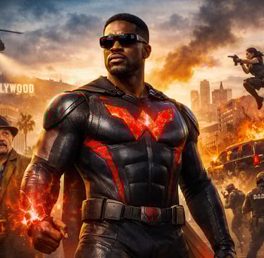 Imagem promocional de Wonder Man mostra Simon Williams com traje escuro e símbolo vermelho brilhante