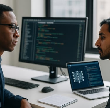 Dois engenheiros de software discutem modelos de inteligência artificial em um escritório moderno, c