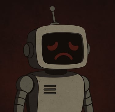 Ilustração digital em 2D de um robô com expressão triste, exibindo um rosto com olhos semicerrados e