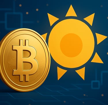  Ilustração digital de alta resolução mostrando uma moeda de Bitcoin dourada à esquerda e um sol est