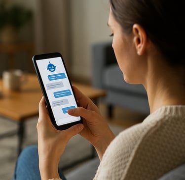 Mulher segurando um smartphone em uma sala de estar aconchegante, interagindo com um chatbot de inte
