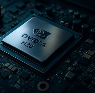 Chip Nvidia H20 sobre uma placa-mãe com componentes eletrônicos detalhados, em destaque realista e i