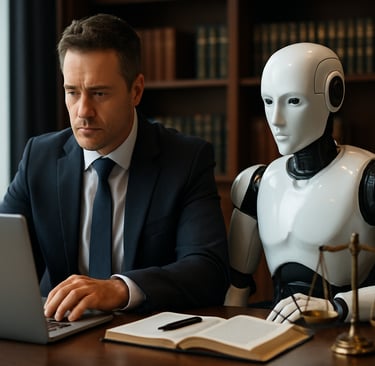 Advogado trabalhando ao lado de um robô em um escritório moderno, representando o uso da inteligênci