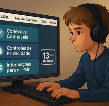 Menino usando fones de ouvido sentado em frente a um computador com a tela do Roblox aberta, exibind
