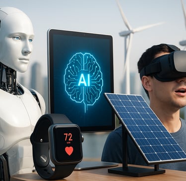 Montagem realista de diversos avanços tecnológicos, incluindo inteligência artificial, robótica, rea