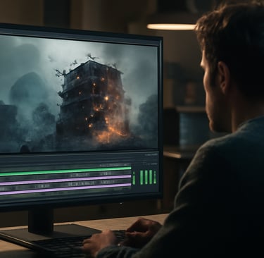 O ChatGPT disse: Imagem de um editor de vídeo observando uma cena futurista de destruição em uma tel