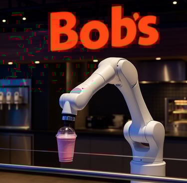 Braço robótico prepara milkshake rosa em copo plástico transparente dentro de uma moderna loja do Bo