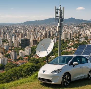 Vista aérea de Belo Horizonte com um carro elétrico branco em primeiro plano, ao lado de uma antena 
