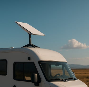 Antena Starlink Mini instalada no teto de um motorhome branco, estacionado em uma paisagem de campo