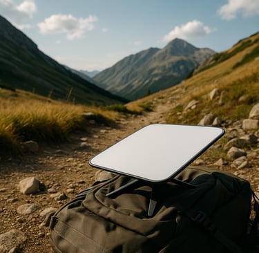 Antena Starlink Mini posicionada sobre uma mochila em uma trilha de montanha, cercada por pedras e v