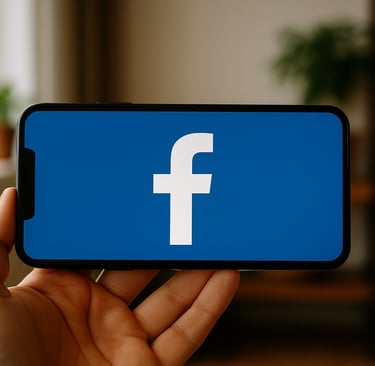 Pessoa segurando um smartphone na horizontal com a tela exibindo o logotipo do Facebook em destaque,
