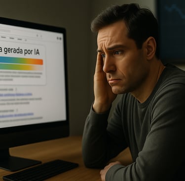Homem preocupado sentado em frente a um computador moderno, observando resultados de busca do Google