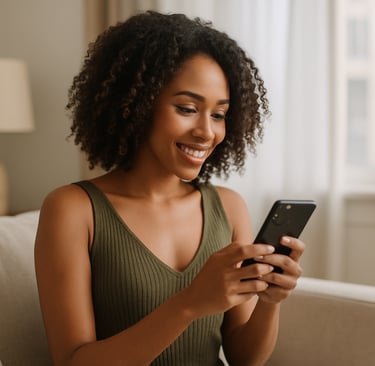 Mulher jovem usando vestido verde sorri enquanto testa recurso de provador virtual com inteligência 