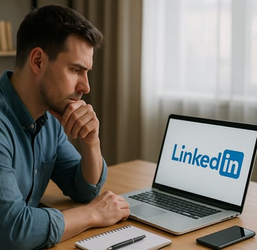 Homem jovem com expressão concentrada sentado em frente a um notebook aberto exibindo o logo do Link
