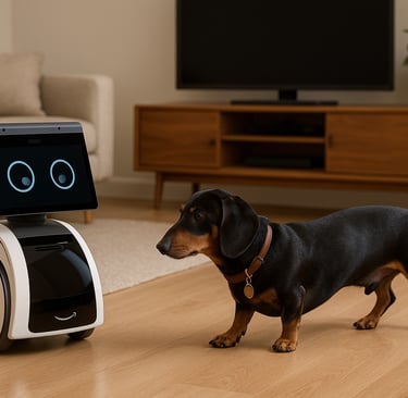 Robô doméstico avançado da Amazon, modelo Astro, em um ambiente de sala moderna, acompanhando um cac