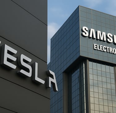 Fachada moderna com o logotipo tridimensional da Tesla em uma parede cinza escura à esquerda, e o ed