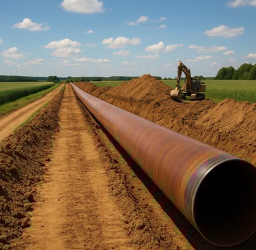 Imagem de alta resolução mostrando a construção de um gasoduto em área rural. Um grande tubo de aço 