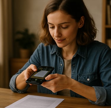 Mulher jovem usando o smartphone para escanear um documento em uma mesa de madeira, com expressão co