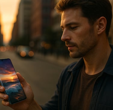 Homem jovem segurando um smartphone Galaxy S25 Edge em uma rua urbana ao entardecer. A tela do celul