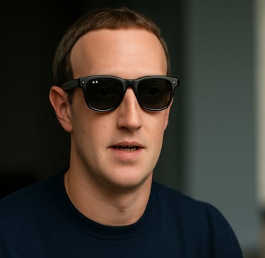 Mark Zuckerberg usando óculos inteligentes Ray-Ban em ambiente interno, com expressão séria e fundo 