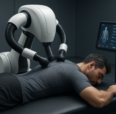  Robô massagista futurista aplica massagem nas costas de um homem deitado em maca, em uma sala moder