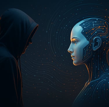 Homem encapuzado em perfil olhando para uma figura feminina futurista com rosto robótico e circuitos