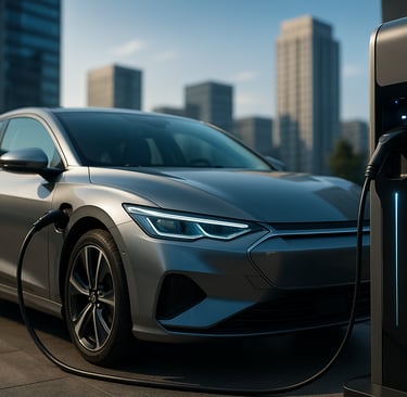Carro elétrico prateado de design moderno conectado a uma estação de recarga ultrarrápida em ambient