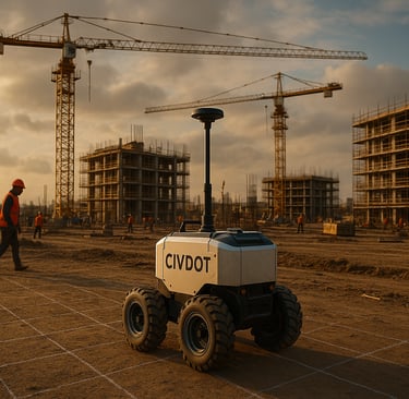 Robô topógrafo CivDot em primeiro plano em um canteiro de obras durante o pôr do sol, com linhas dem