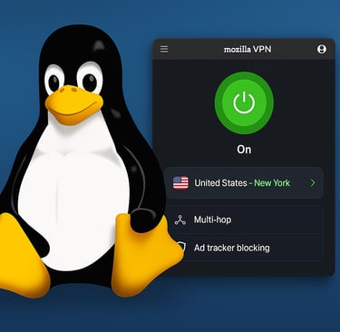 Ilustração digital mostra o mascote do Linux (Tux) ao lado da interface do Mozilla VPN, com fundo em