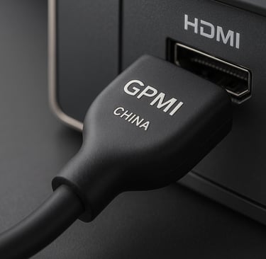 Cabo GPMI de origem chinesa conectado a uma entrada HDMI em um dispositivo eletrônico, simbolizando