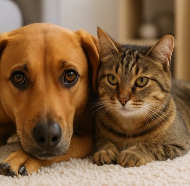 Um cachorro de pelagem dourado-avermelhada e um gato malhado estão deitados lado a lado sobre um tap