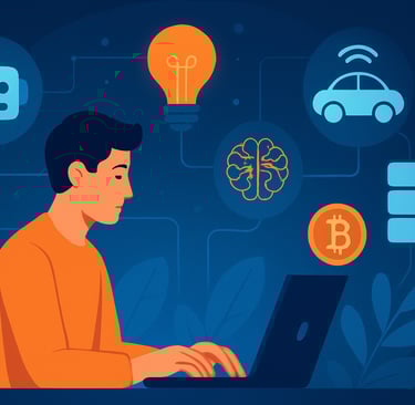 Ilustração digital em estilo flat mostrando um jovem usando um laptop, com ícones tecnológicos flutu