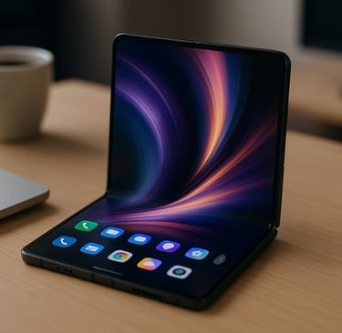 Smartphone dobrável moderno aberto sobre uma mesa de madeira, ao lado de um notebook e uma xícara de