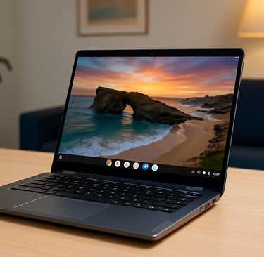 Notebook Lenovo Chromebook Plus 14 exibindo tela OLED vibrante, posicionado sobre mesa de madeira em