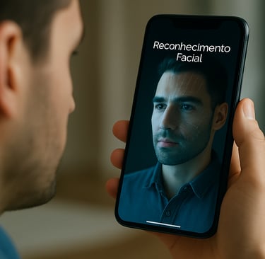 Homem segurando um smartphone com a tela exibindo o processo de reconhecimento facial, mostrando um 