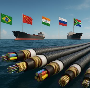 Cabos submarinos de comunicação com camadas de fibra óptica coloridas e proteção metálica emergem do
