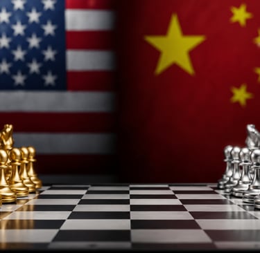 Tabuleiro de xadrez com peças douradas e prateadas frente a frente, tendo ao fundo as bandeiras dos 