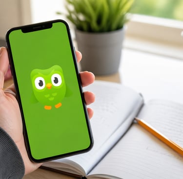 Pessoa segurando um smartphone com aplicativo de aprendizado de idiomas aberto, em ambiente de estud