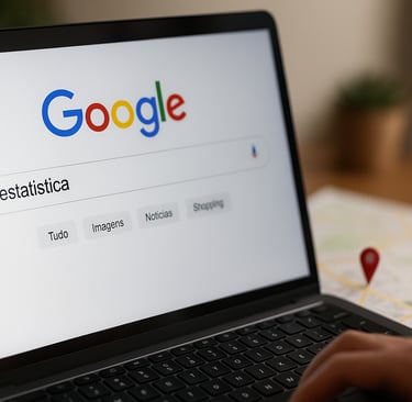 Tela de notebook exibindo o site do Google com uma busca digitada, ao lado de um mapa com marcador d