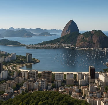 Vista aérea realista da cidade do Rio de Janeiro com destaque para o Pão de Açúcar, a Baía de Guanab