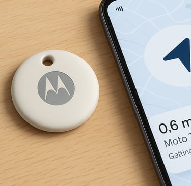 Rastreador Moto Tag da Motorola em cima de uma superfície de madeira clara ao lado de um smartphone 